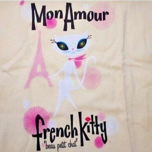 Vintage French Kitty by Mighty Fine Womens Top, Yellow, White Cat, Large